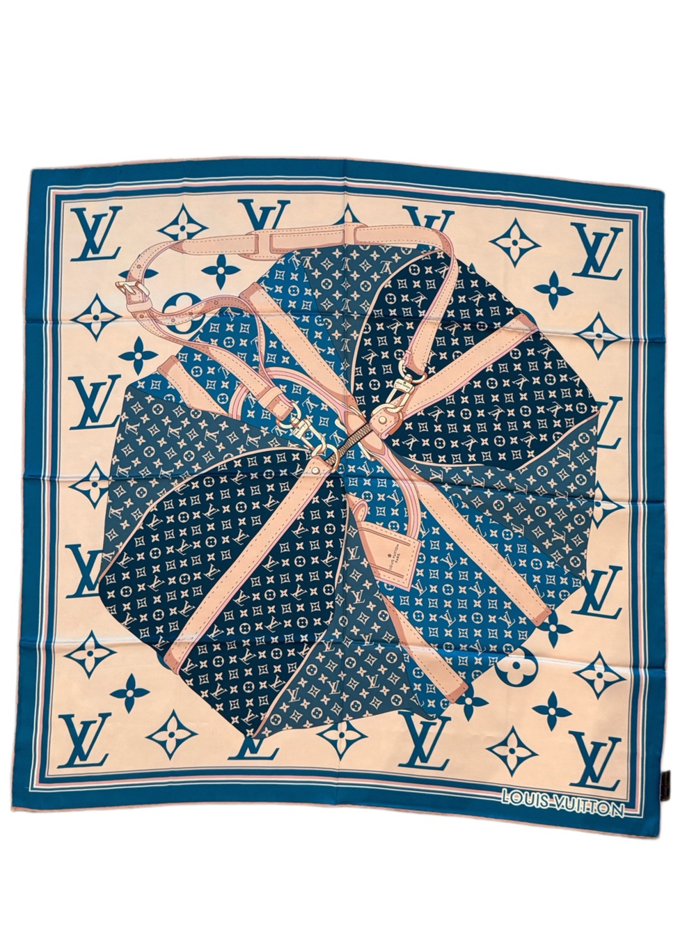 100% Silk 90cm Blue and Cream Monogram Silk Scarf with Pink Strap Detail